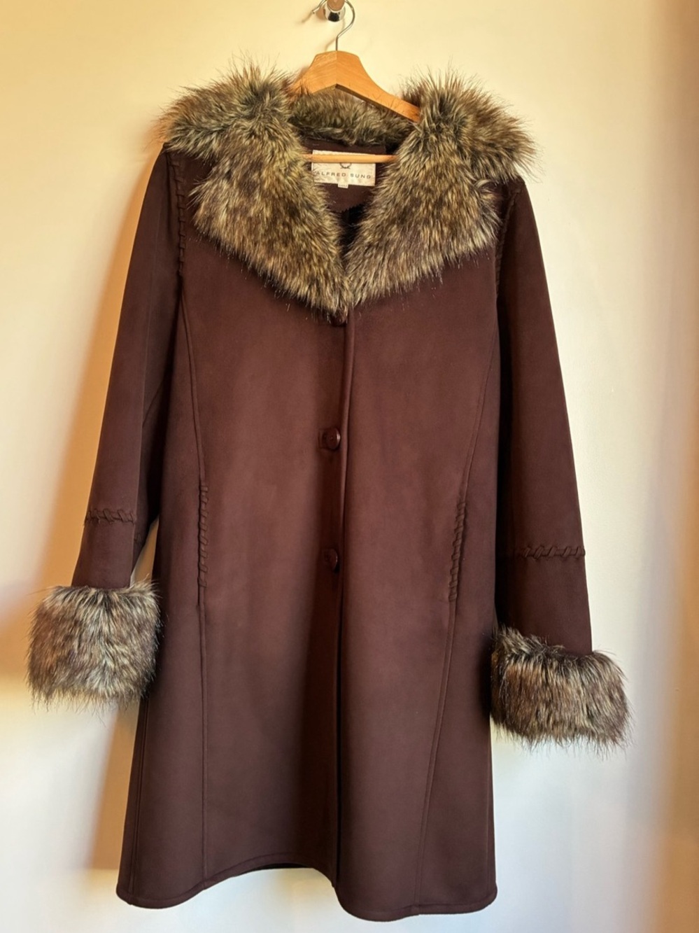 Vintage 90s Alfred Sung Brown Faux Suede Fur Trim Penny Lane Coat M